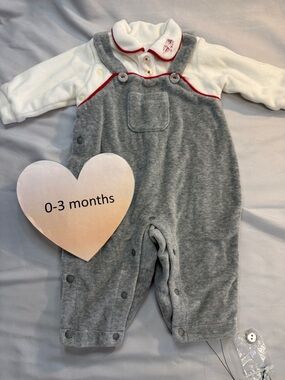 Chickee Duck - Grey and White Baby Overalls with Red Trim